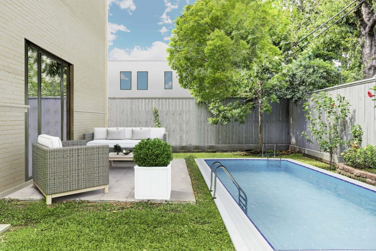 Yard virtually transformed with a pool and new outdoor seating
