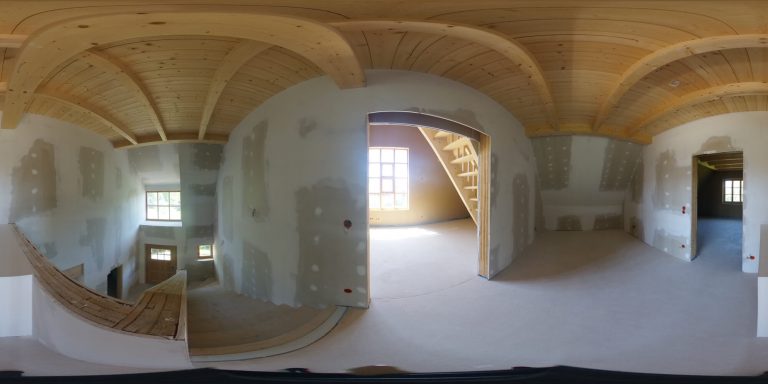 Unfinished upper floor with exposed plasterboard in a 360 panorama