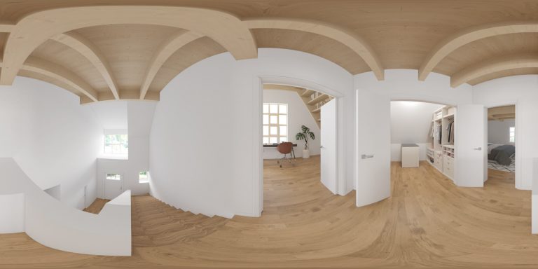 The same 360 panorama renovated with white walls, oak floors and furnished rooms
