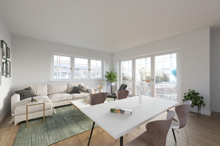 The same room virtually renovated with finished walls, wood floors and furniture
