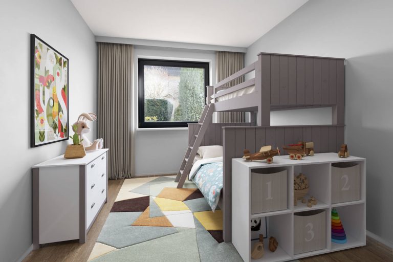The same room restyled as a child’s bedroom with a bunk bed and toys