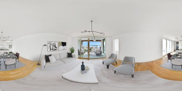 The same 360 panorama staged with a sofa, armchairs, rugs and dining sets