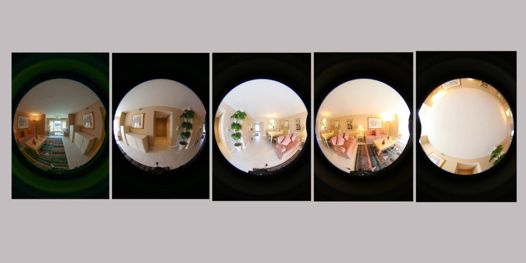 Five circular fisheye source frames of a living room, side by side