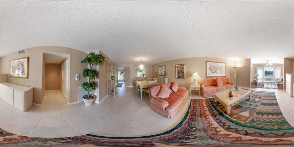 The same living room stitched into a single 360° panorama