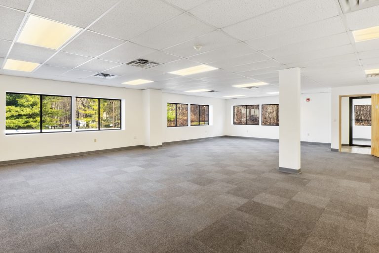 Empty open-plan office floor with carpet and windows