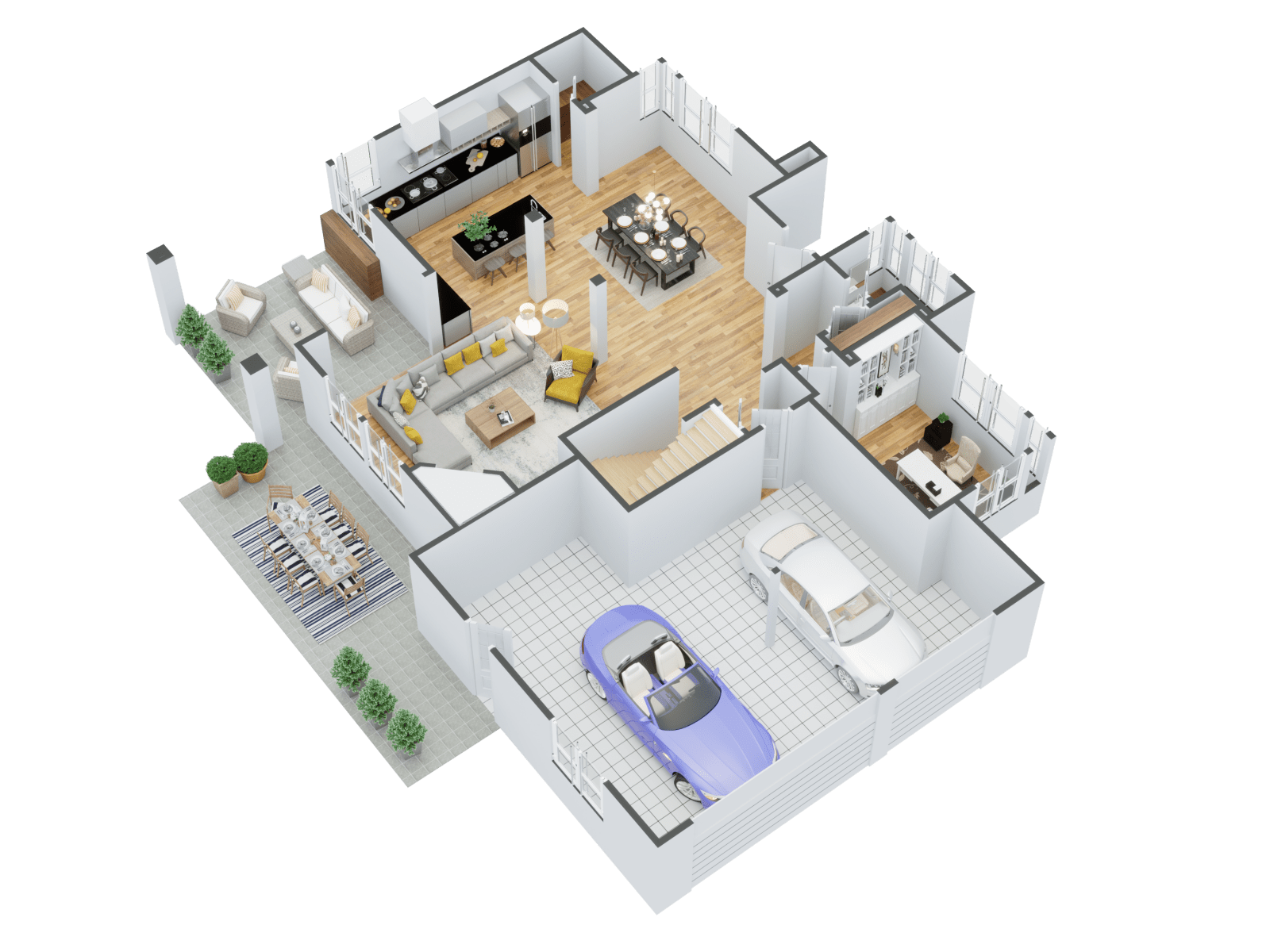 3D full color floor plan of a furnished home with a kitchen, dining area and two cars in the garage