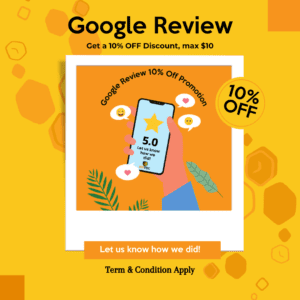 Google Review coupon: 10% off, max $10