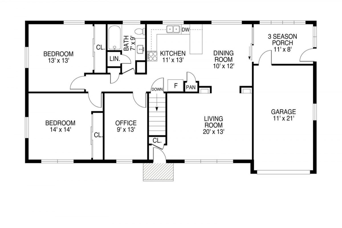 A first floor redrawn from a hand sketch as a clean black-and-white 2D floor plan